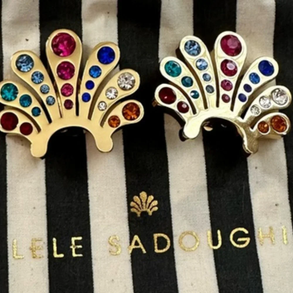 Lele Sadoughi Crystal Button Earrings Clip On in Glass Rainbow 14K Gold NWT